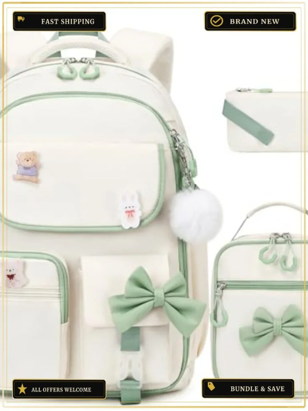 Kids Backpack Set with Lunch Box & Pencil Case, Waterproof Nylon School Bag for